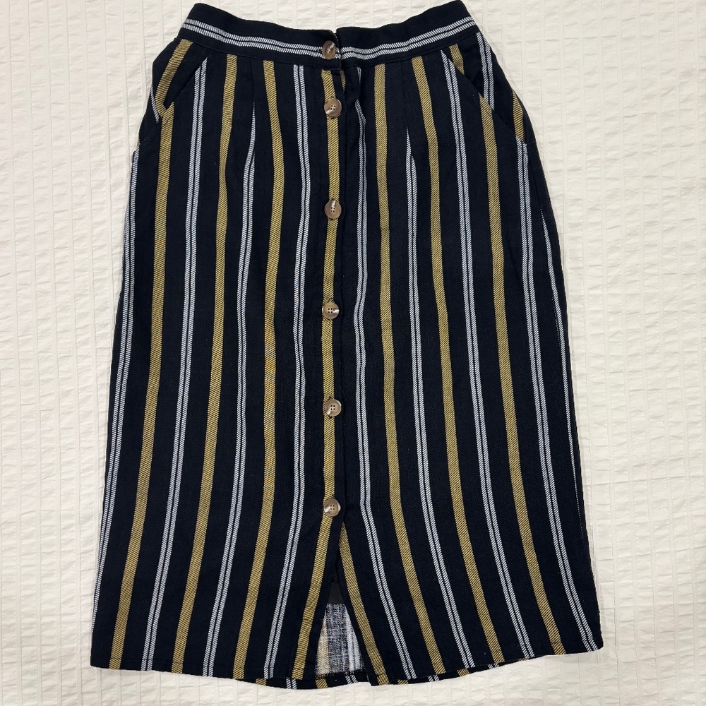 Oak + Fort Cotton-Linen blend striped midi skirt